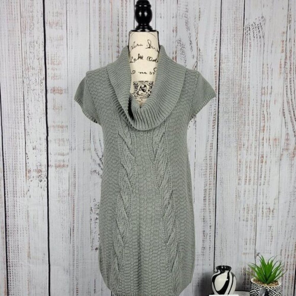 Express Grey Green Small Knit Cowl Neck Short Sleeve Relaxed Fit Sweater Dress